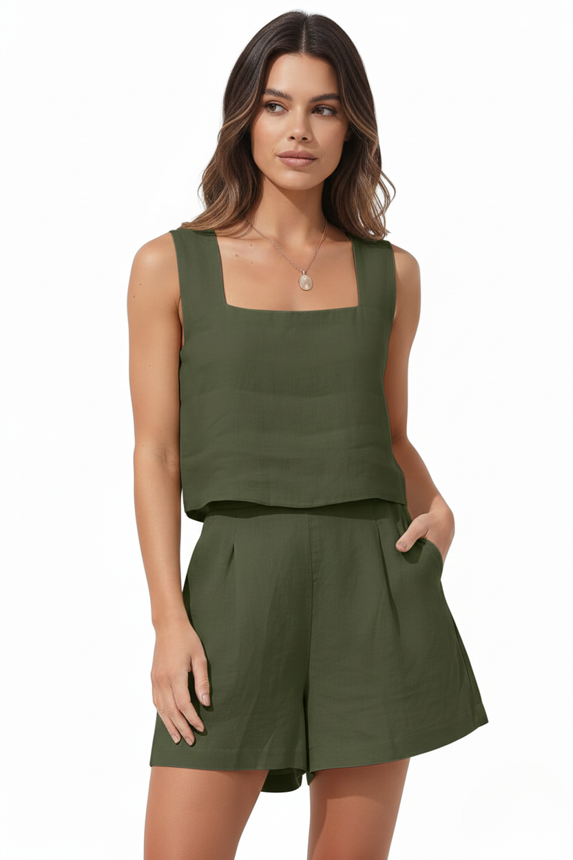 Women's Linen Blend Square Neck Top & Shorts Set – Sleeveless Two-Piece Summer Set