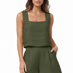 Women's Linen Blend Square Neck Top & Shorts Set – Sleeveless Two-Piece Summer Set
