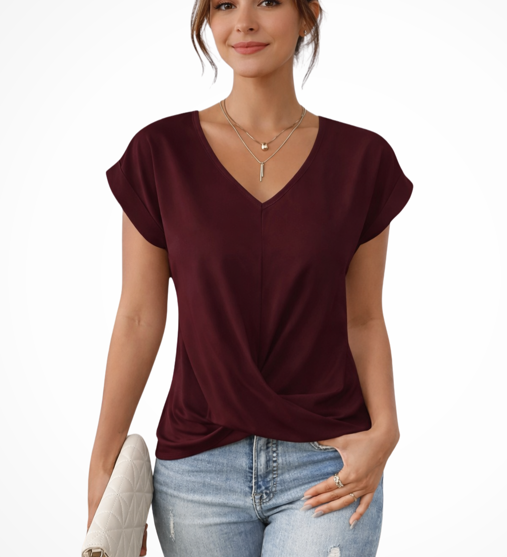 Women's V Neck Short Sleeve Top with Twist Hem – Going Out and Everyday Summer Top