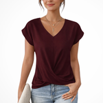 Women's V Neck Short Sleeve Top with Twist Hem – Going Out and Everyday Summer Top