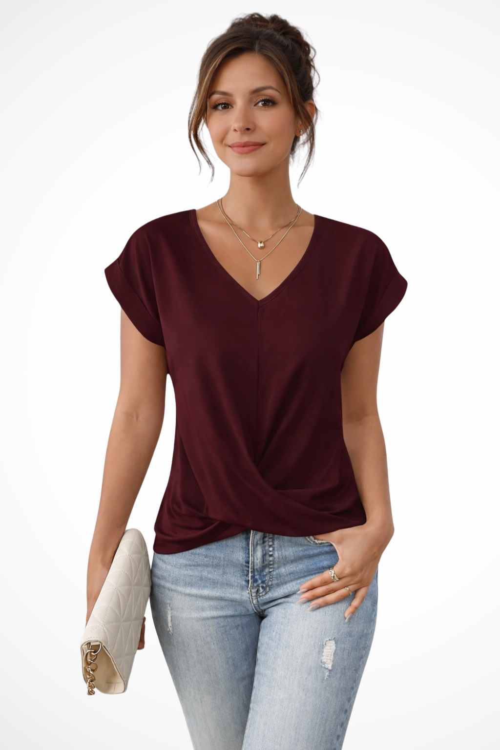 Women's V Neck Short Sleeve Top with Twist Hem – Going Out and Everyday Summer Top