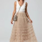 Women's Layered Tulle Tiered Midi Skirt – High Waist Flared Skirt for Events