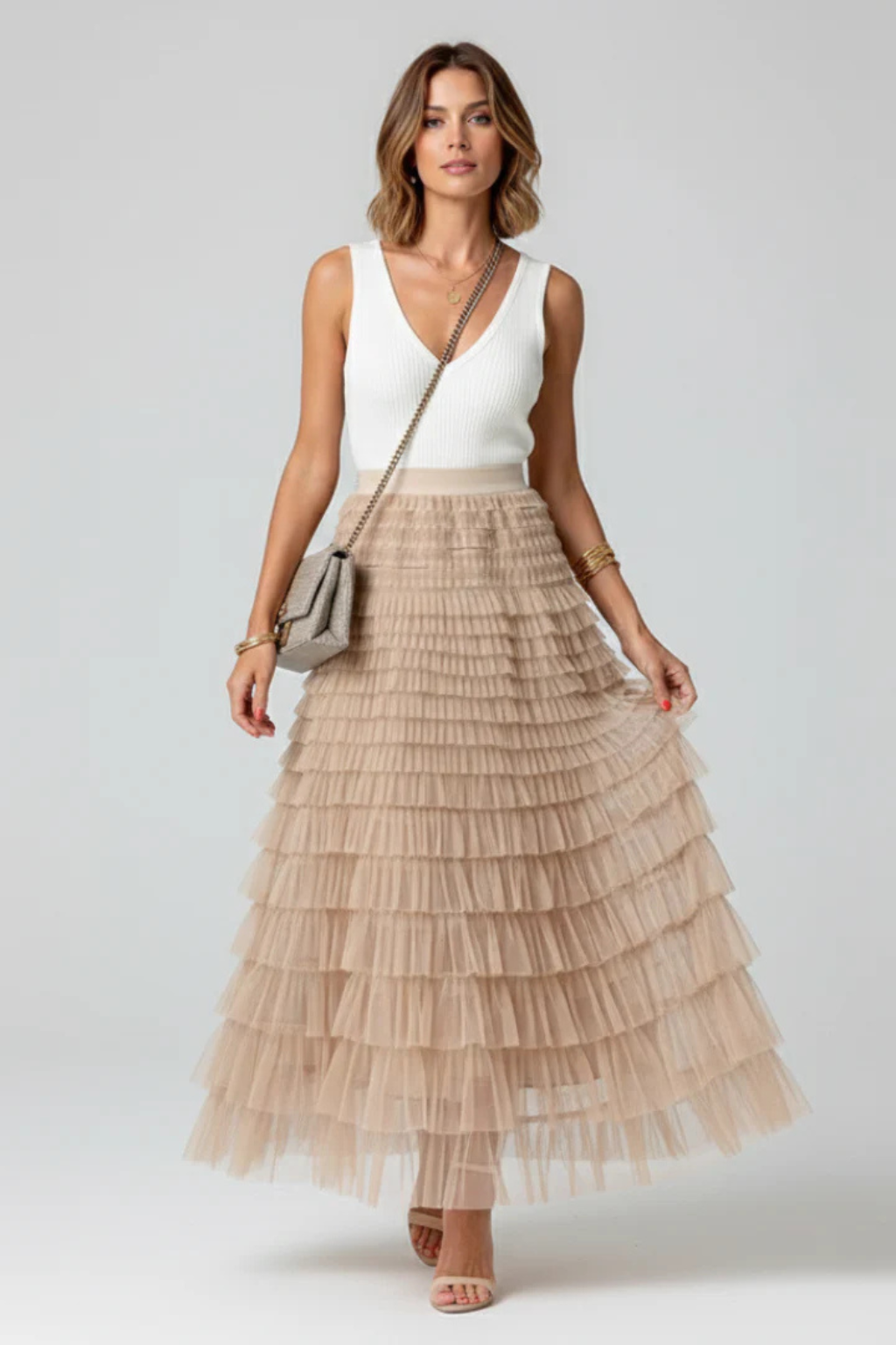 Women's Layered Tulle Tiered Midi Skirt – High Waist Flared Skirt for Events