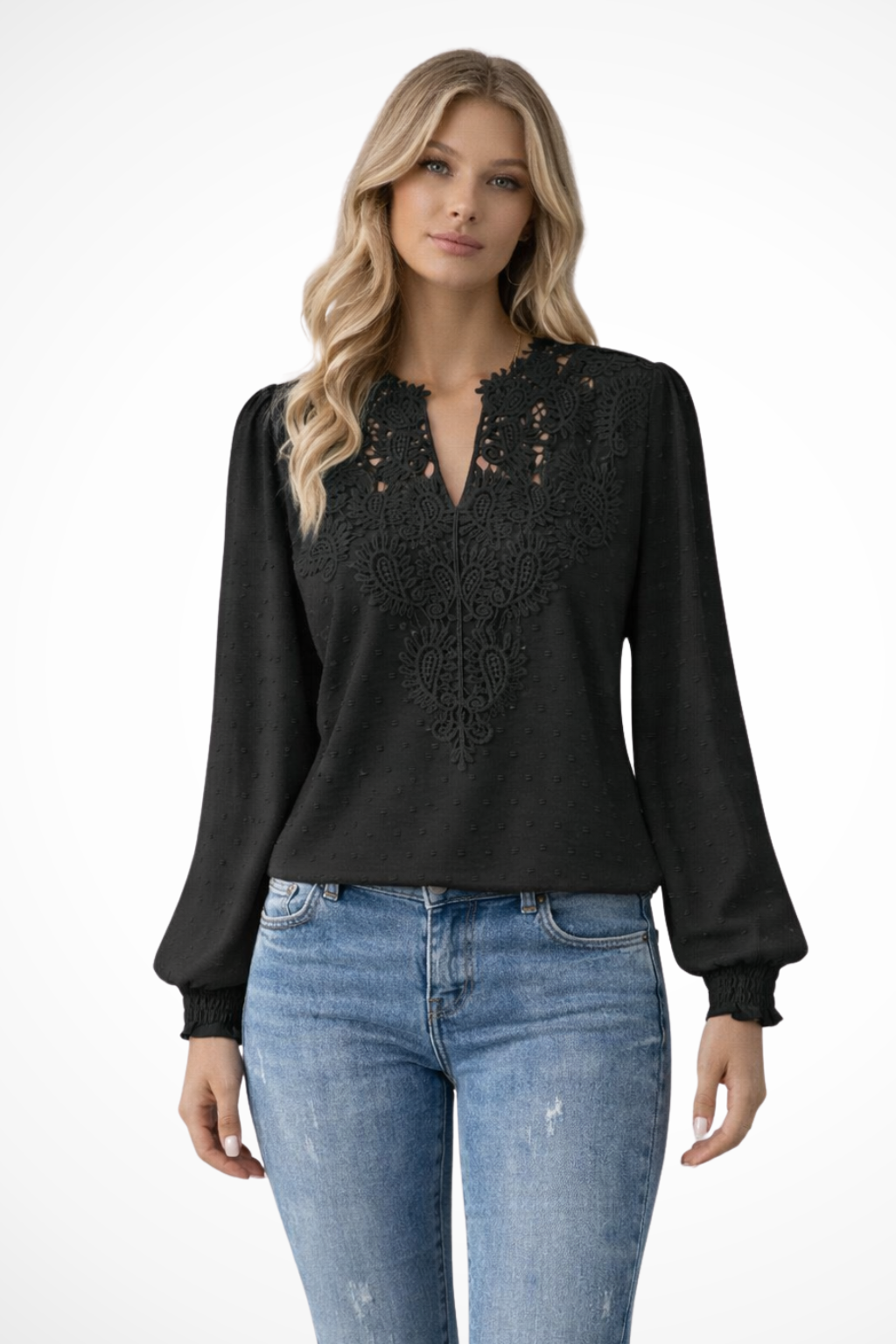 Women's Chiffon Blouse with Lace Appliqué V-Neck & Balloon Sleeves – Smart Casual Top