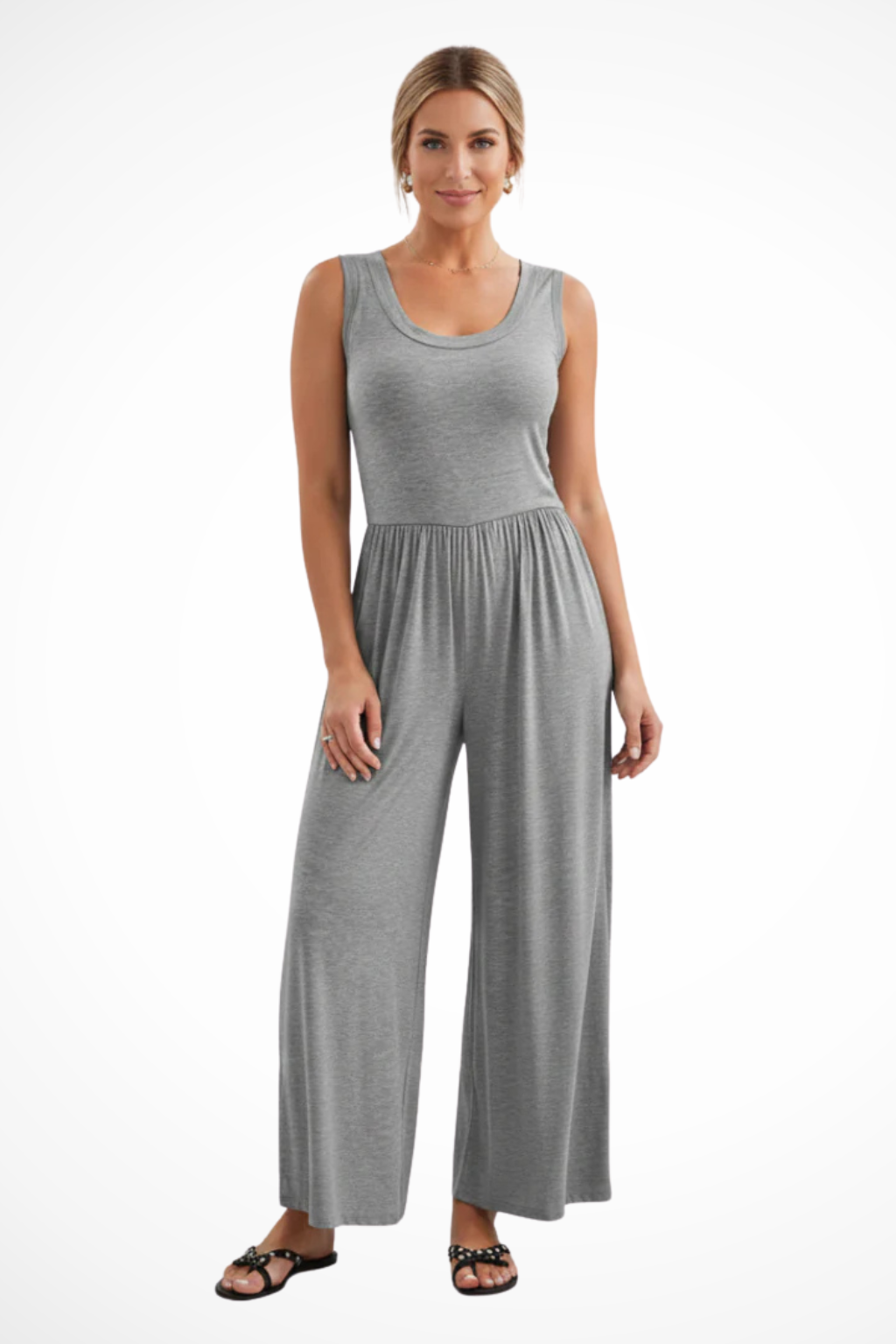 Women's Sleeveless Round Neck Wide Leg Jumpsuit with Pockets – Casual Summer Jumpsuit