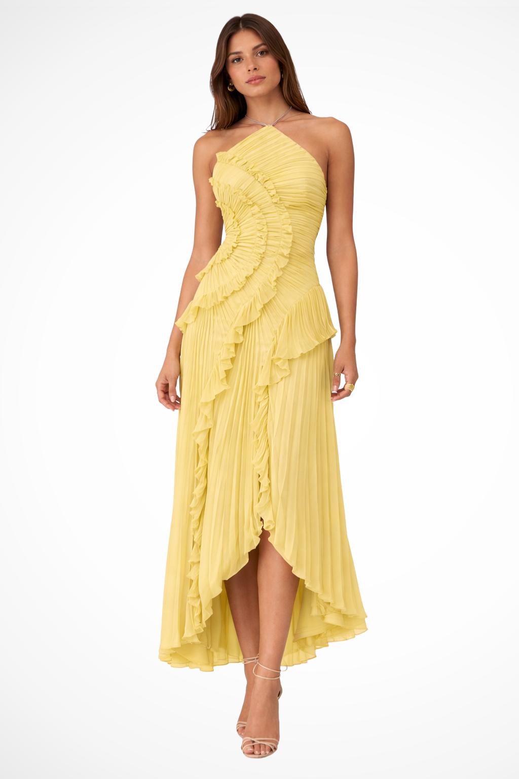 Women's Halter Backless Ruffle Maxi Dress – Sleeveless High-Low Summer Occasion Dress