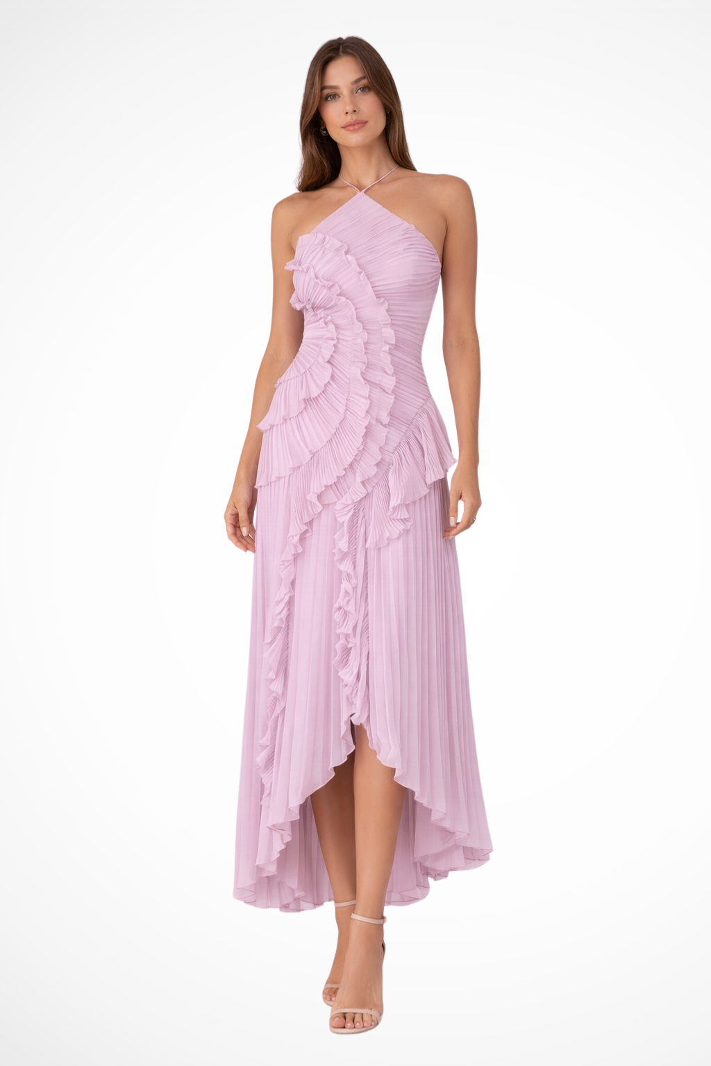 Women's Halter Backless Ruffle Maxi Dress – Sleeveless High-Low Summer Occasion Dress