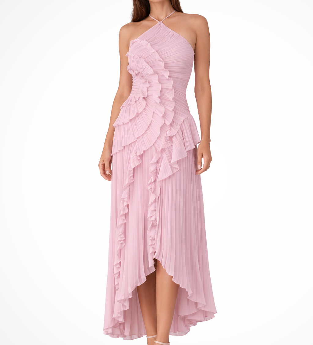 Women's Halter Backless Ruffle Maxi Dress – Sleeveless High-Low Summer Occasion Dress