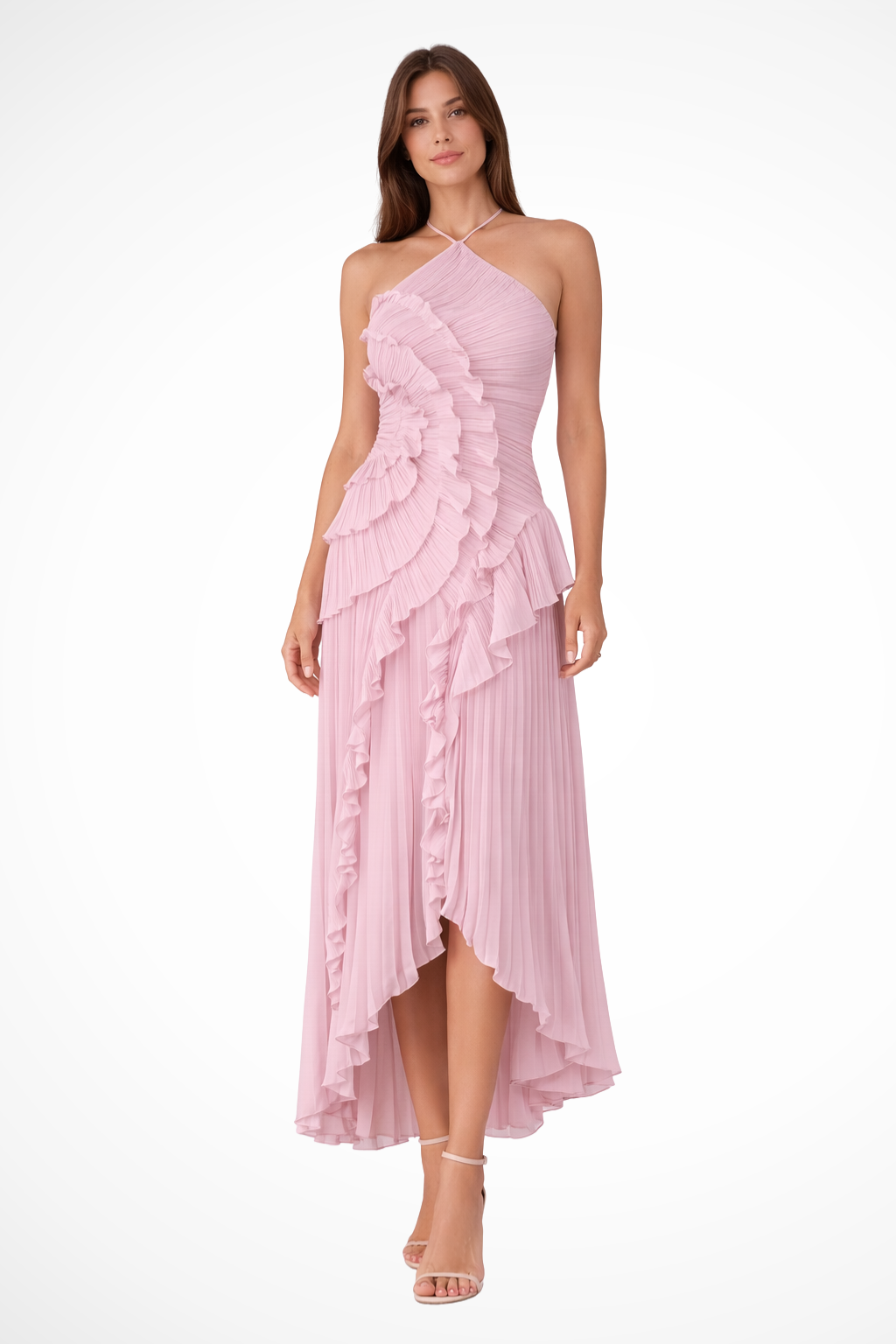 Women's Halter Backless Ruffle Maxi Dress – Sleeveless High-Low Summer Occasion Dress