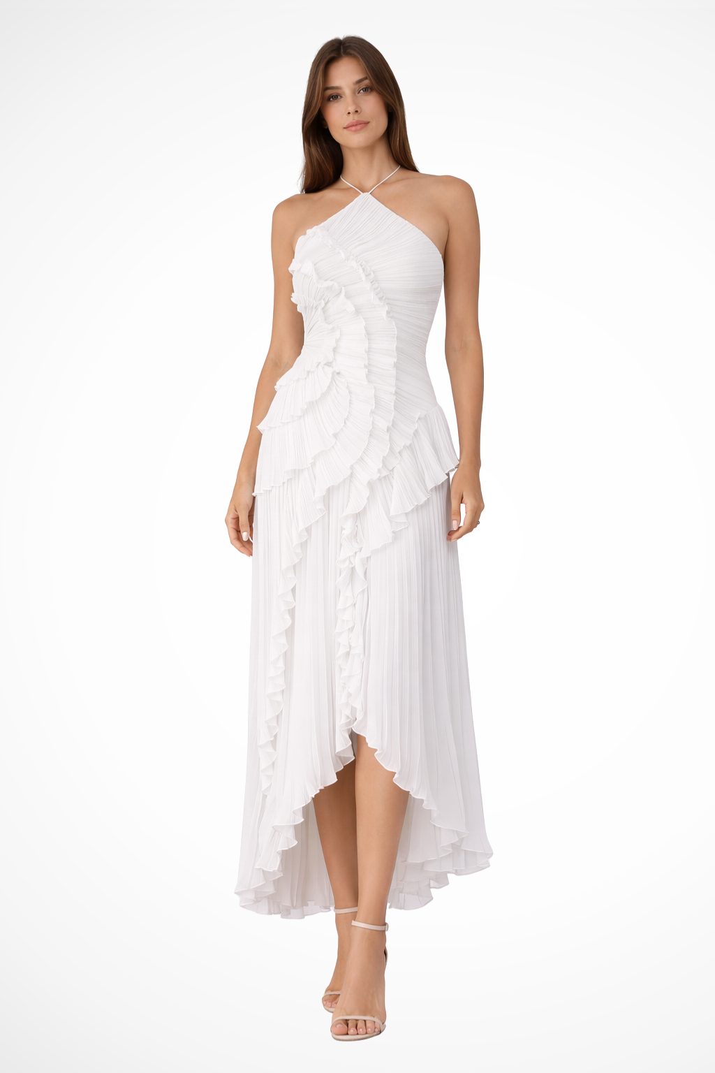 Women's Halter Backless Ruffle Maxi Dress – Sleeveless High-Low Summer Occasion Dress