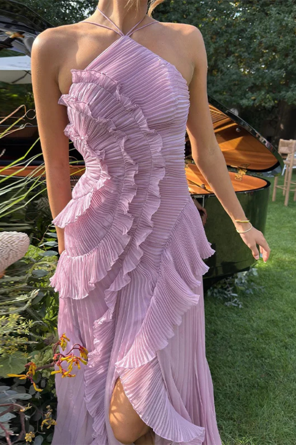 Women's Halter Backless Ruffle Maxi Dress – Sleeveless High-Low Summer Occasion Dress