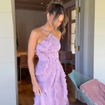 Women's Halter Backless Ruffle Maxi Dress – Sleeveless High-Low Summer Occasion Dress