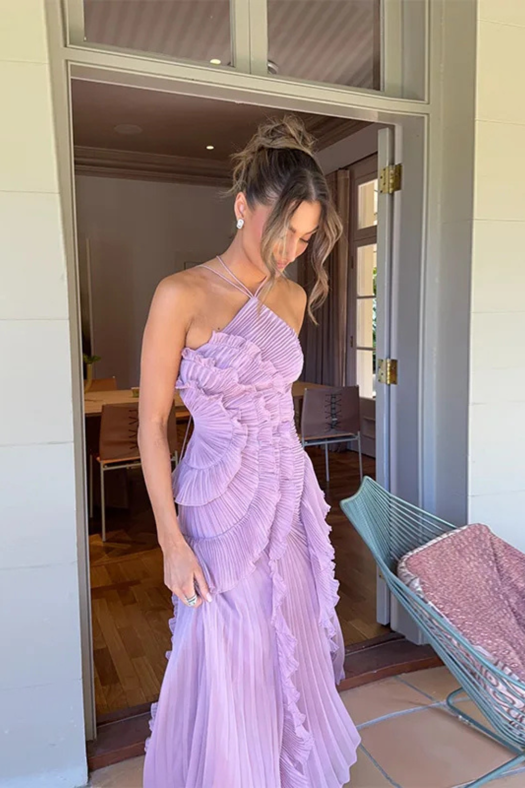 Women's Halter Backless Ruffle Maxi Dress – Sleeveless High-Low Summer Occasion Dress