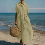 Women's Pintuck Linen Maxi Shirt Dress – Summer Beach & Holiday Dress