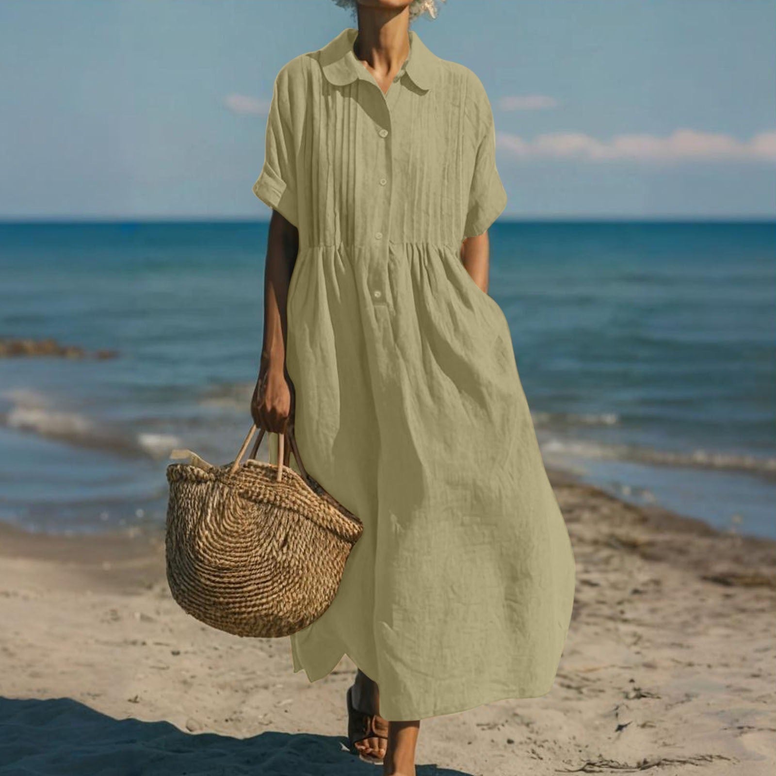 Women's Pintuck Linen Maxi Shirt Dress – Summer Beach & Holiday Dress