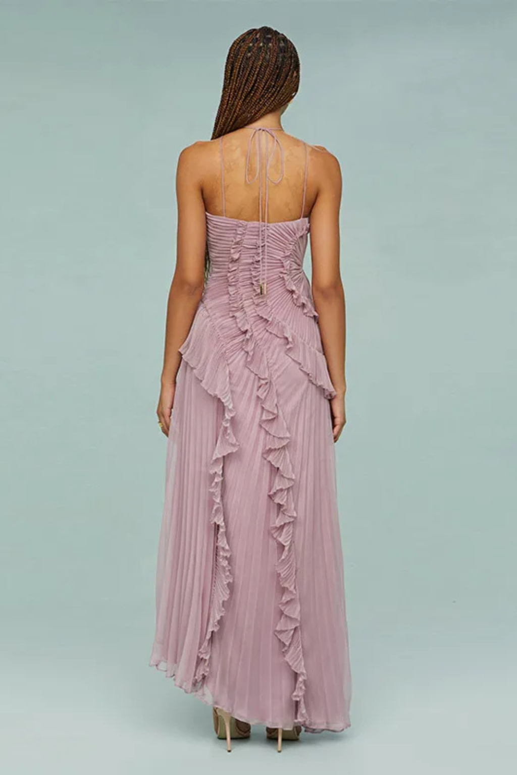 Women's Halter Backless Ruffle Maxi Dress – Sleeveless High-Low Summer Occasion Dress