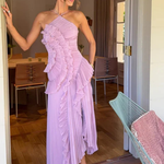 Women's Halter Backless Ruffle Maxi Dress – Sleeveless High-Low Summer Occasion Dress