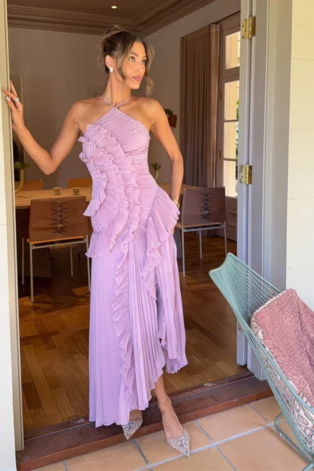 Women's Halter Backless Ruffle Maxi Dress – Sleeveless High-Low Summer Occasion Dress