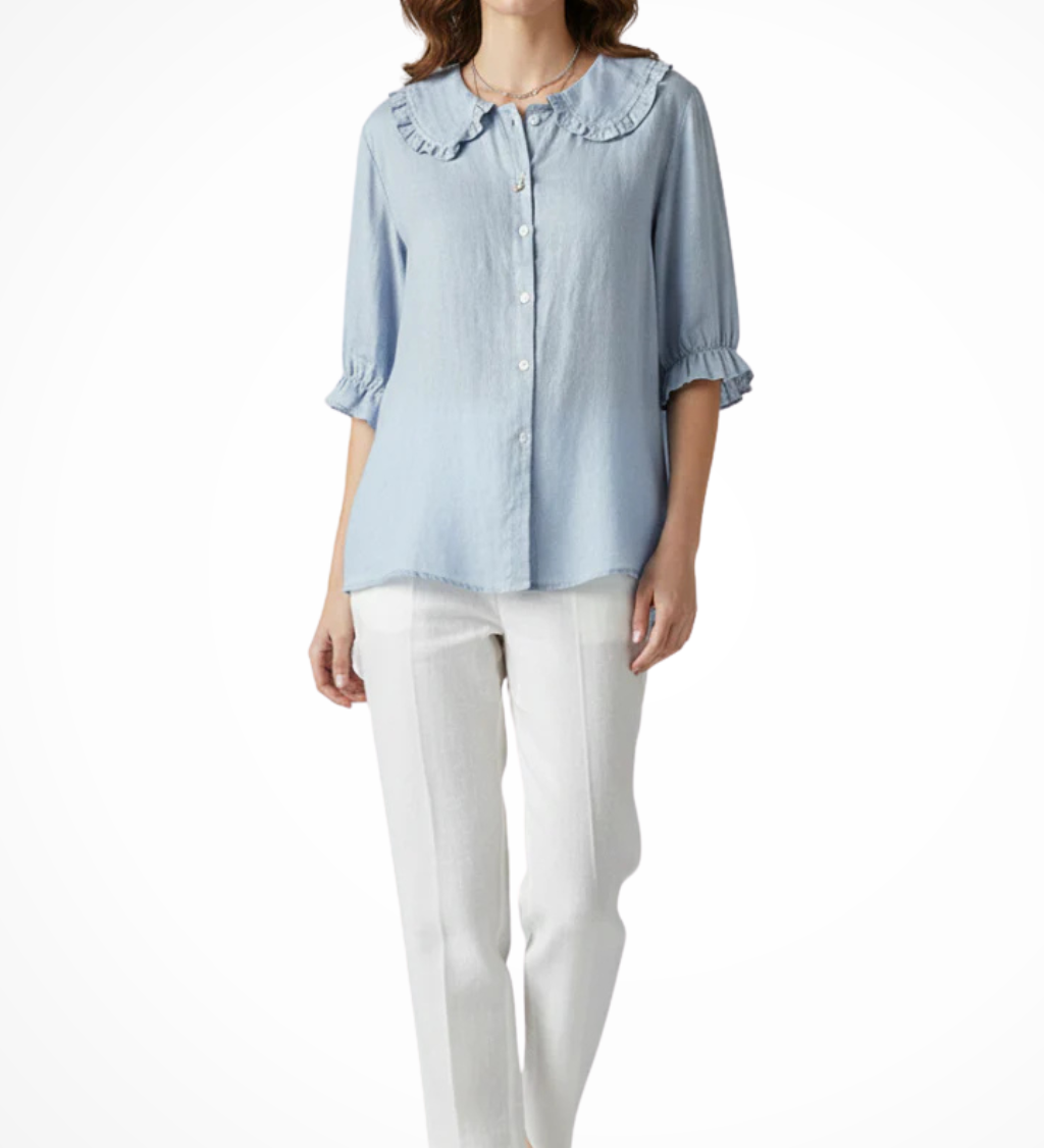Women's Ruffle Collar Button Down Blouse with Three Quarter Frill Sleeves – Casual