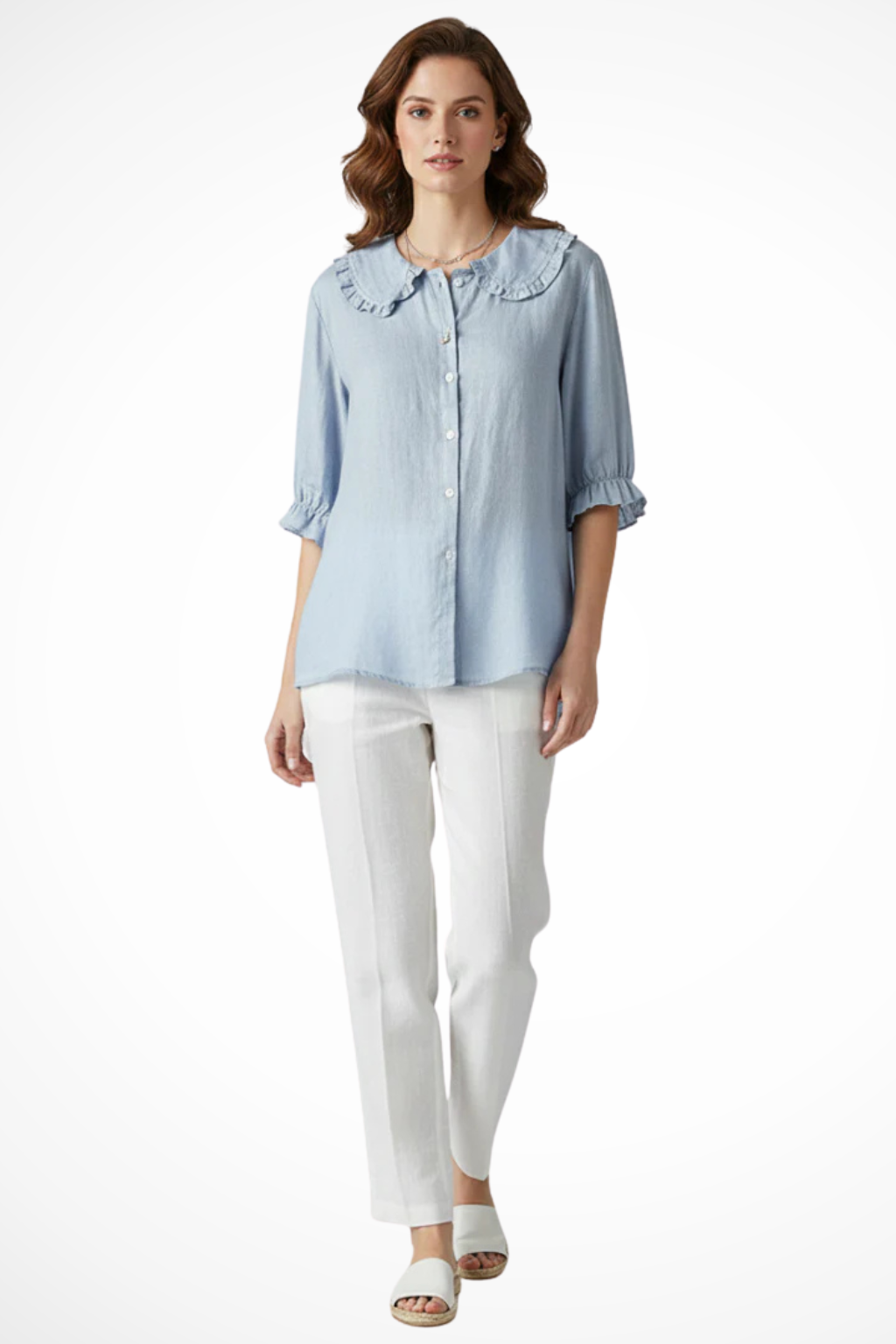 Women's Ruffle Collar Button Down Blouse with Three Quarter Frill Sleeves – Casual