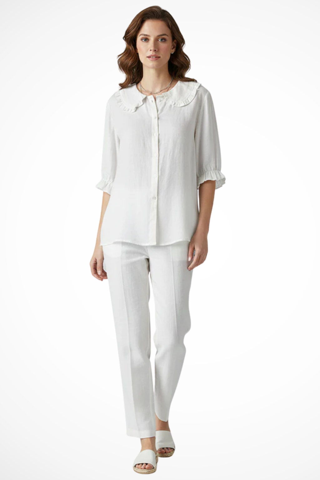 Women's Ruffle Collar Button Down Blouse with Three Quarter Frill Sleeves – Casual