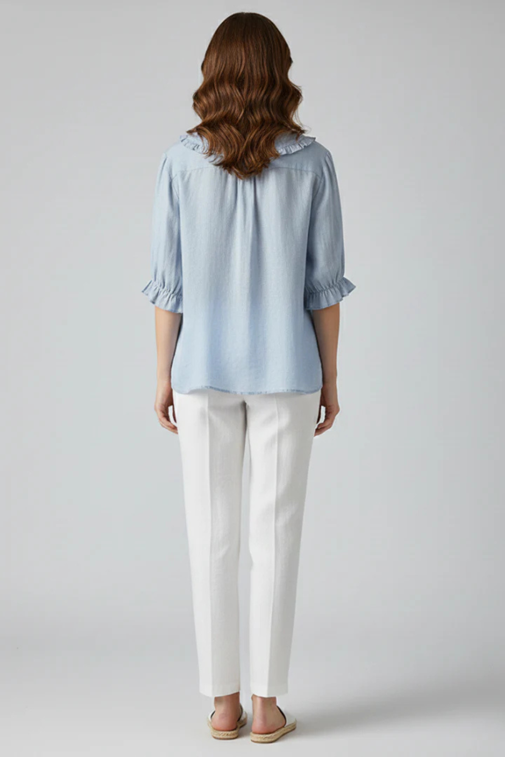 Women's Ruffle Collar Button Down Blouse with Three Quarter Frill Sleeves – Casual