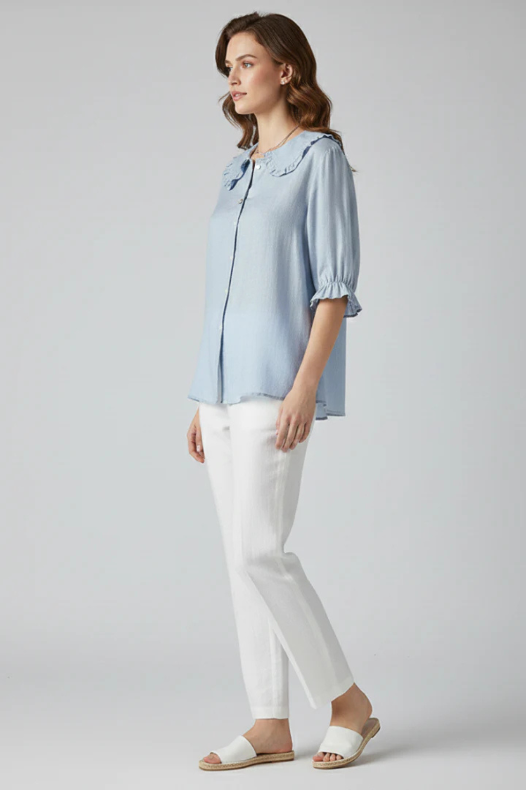 Women's Ruffle Collar Button Down Blouse with Three Quarter Frill Sleeves – Casual
