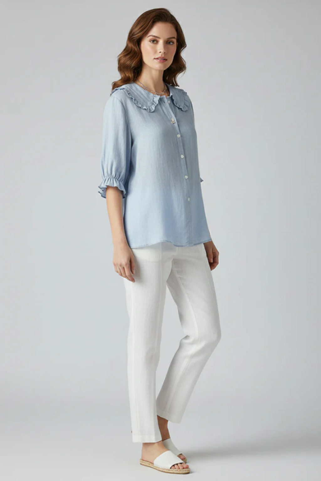 Women's Ruffle Collar Button Down Blouse with Three Quarter Frill Sleeves – Casual