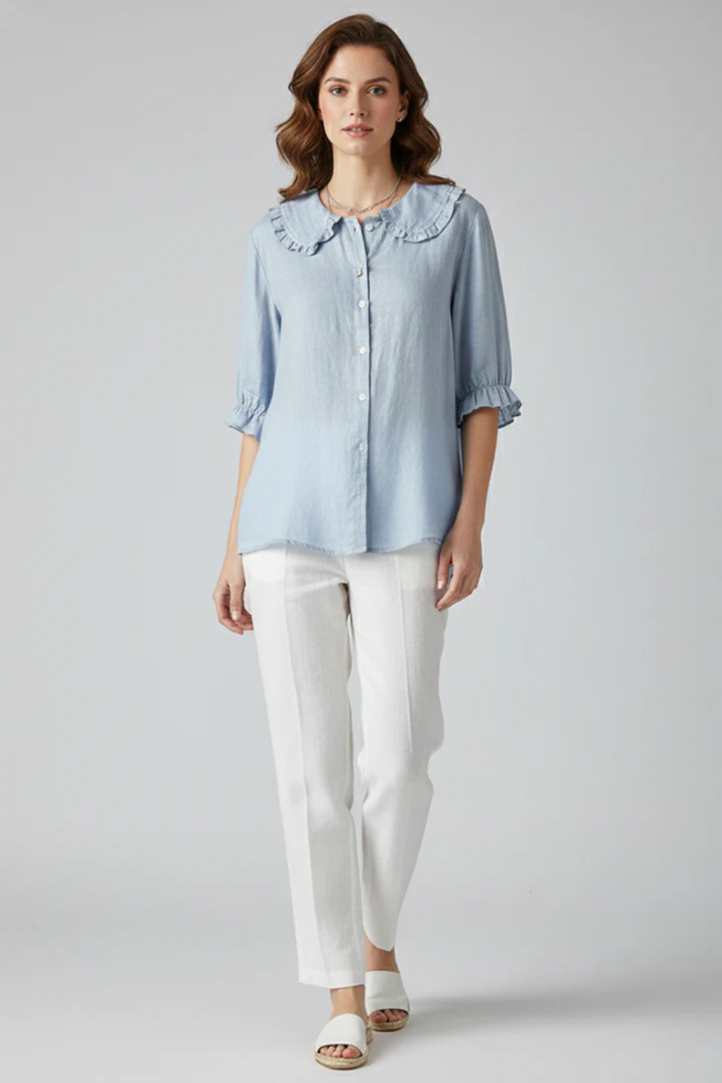 Women's Ruffle Collar Button Down Blouse with Three Quarter Frill Sleeves – Casual