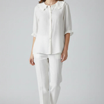 Women's Ruffle Collar Button Down Blouse with Three Quarter Frill Sleeves – Casual