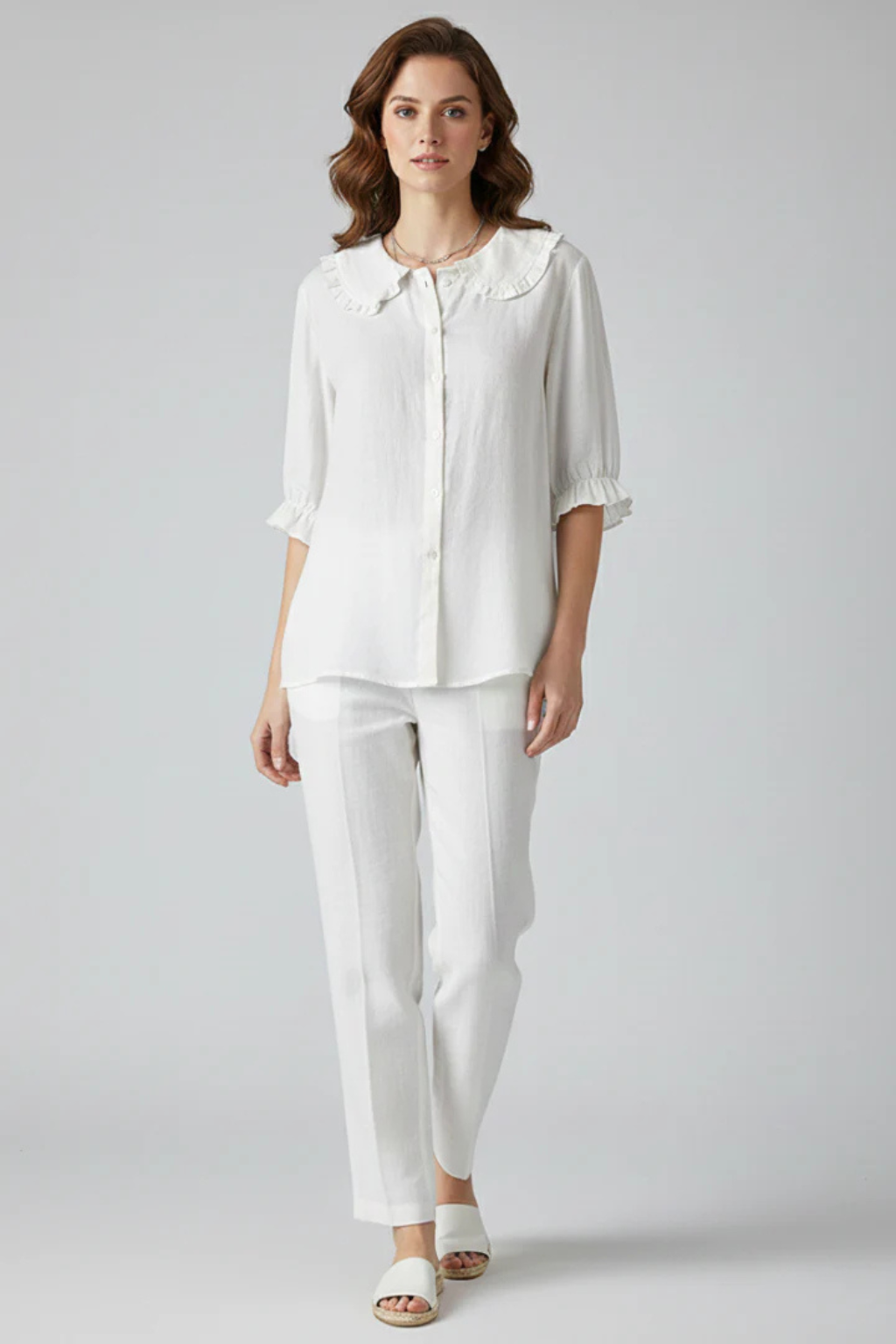 Women's Ruffle Collar Button Down Blouse with Three Quarter Frill Sleeves – Casual