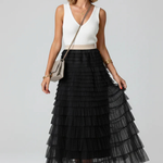 Women's Layered Tulle Tiered Midi Skirt – High Waist Flared Skirt for Events