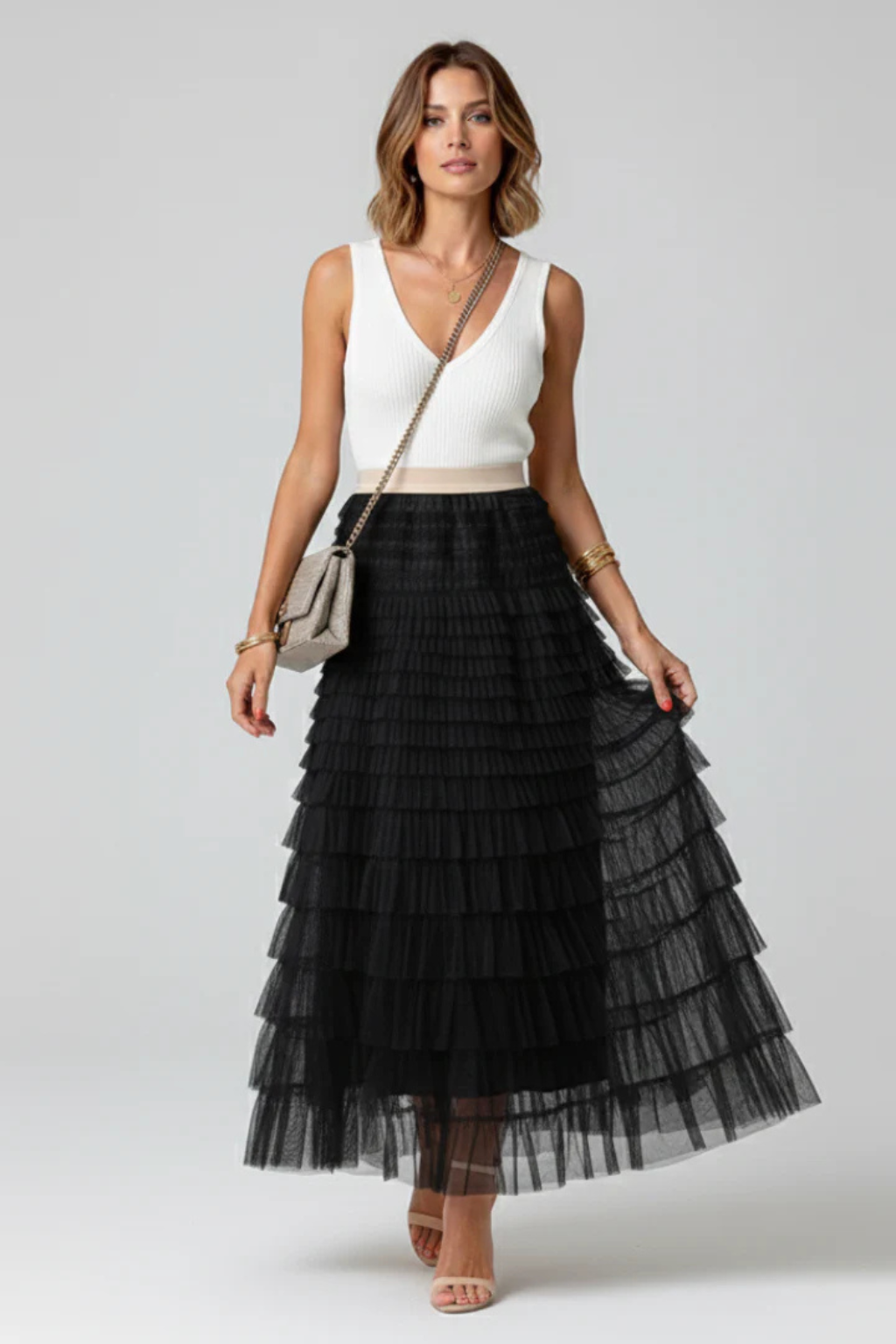 Women's Layered Tulle Tiered Midi Skirt – High Waist Flared Skirt for Events