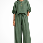 Women's Linen Co-Ord Set – Peter Pan Collar Blouse & Wide Leg Pants