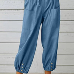 Women's Linen Cropped Pants with Drawstring Waist & Button Hem – Casual Summer Pants