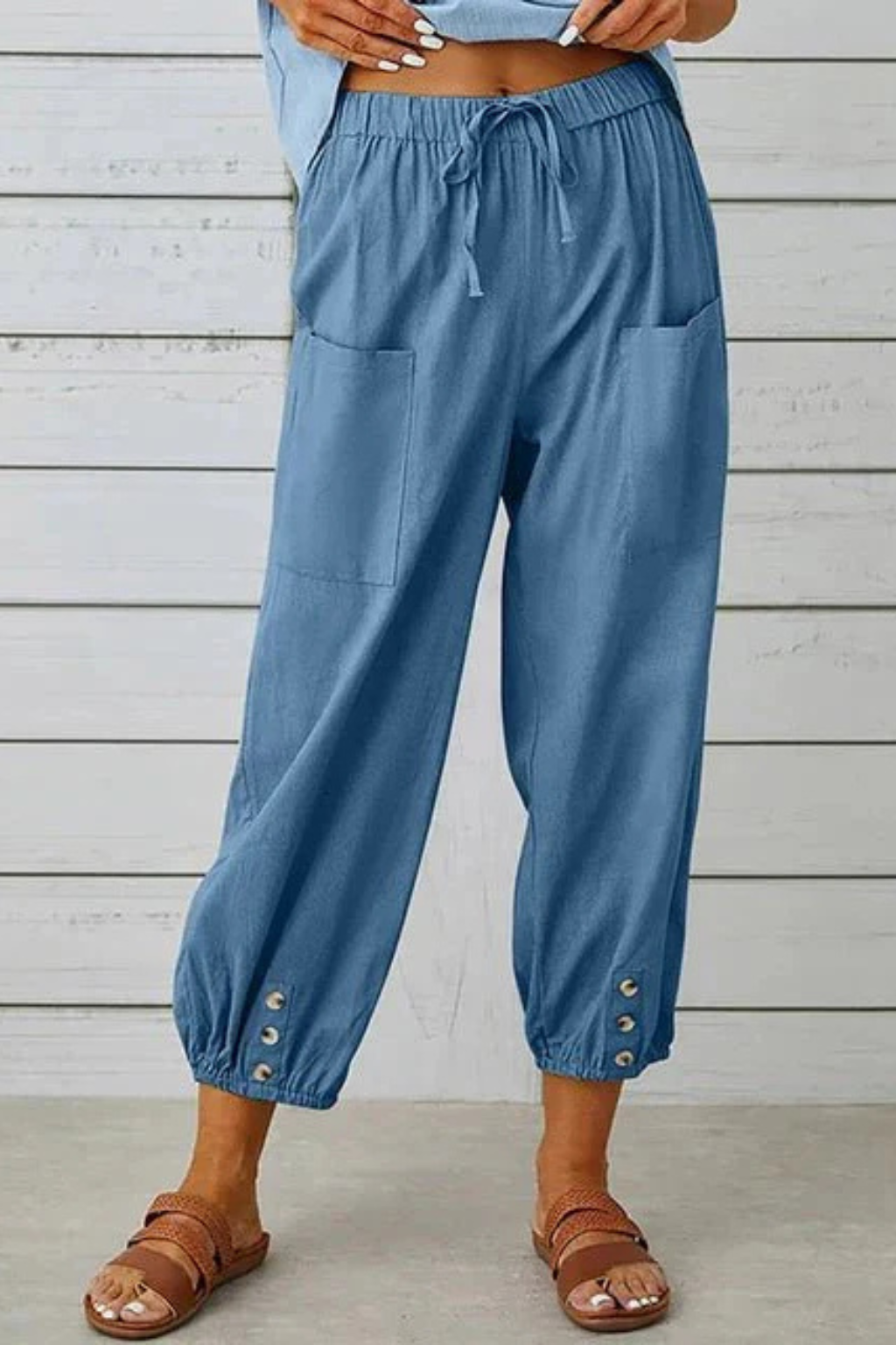 Women's Linen Cropped Pants with Drawstring Waist & Button Hem – Casual Summer Pants