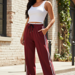 Women's Wide Leg Pants with Side Stripe & Drawstring Waist – Casual Relaxed Pants