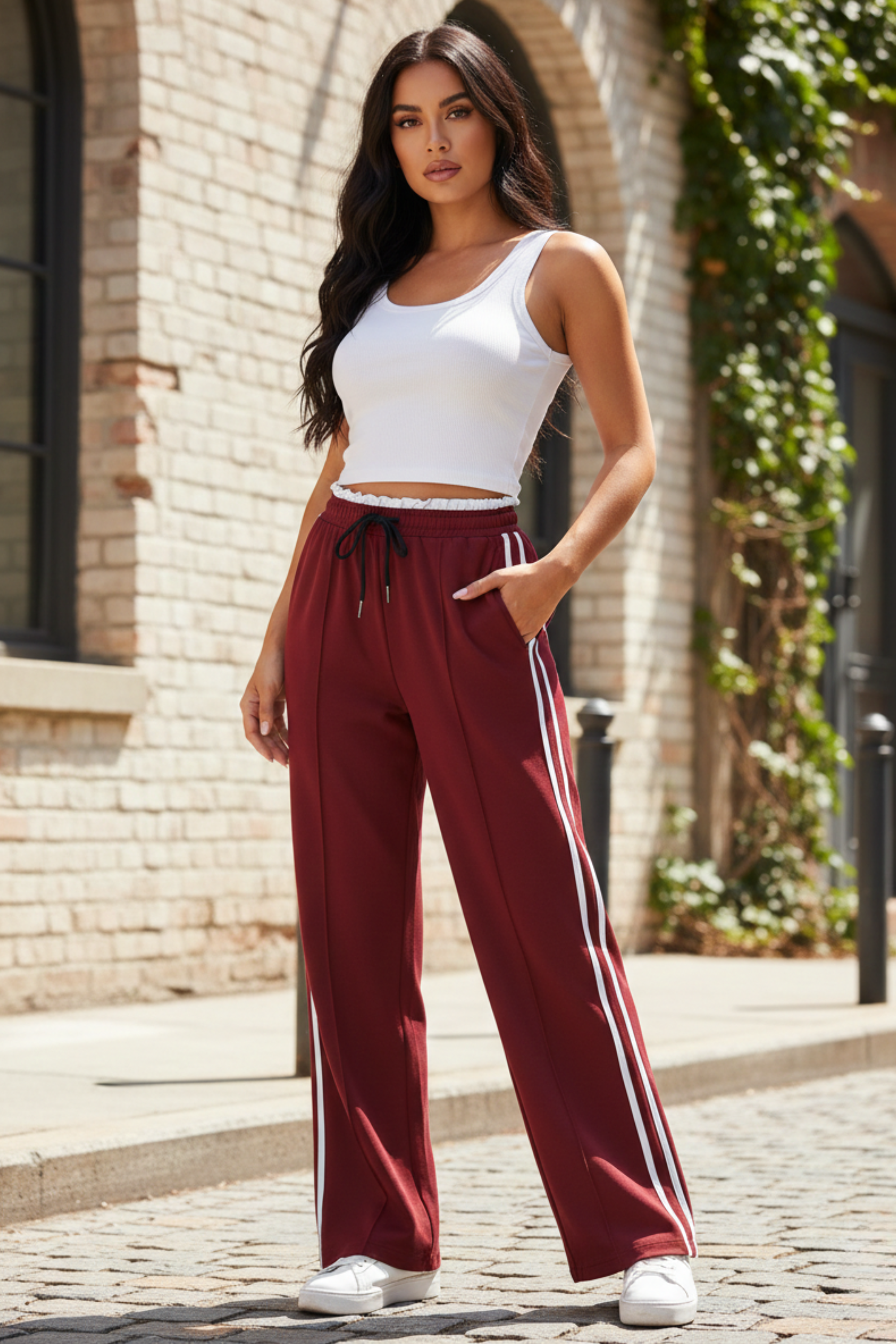 Women's Wide Leg Pants with Side Stripe & Drawstring Waist – Casual Relaxed Pants