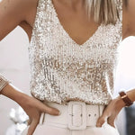 Women's Sequin Glitter V-Neck Tank Top – Sparkly Party & Evening Going Out Top