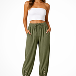 Women's Linen Cropped Pants with Drawstring Waist & Button Hem – Casual Summer Pants