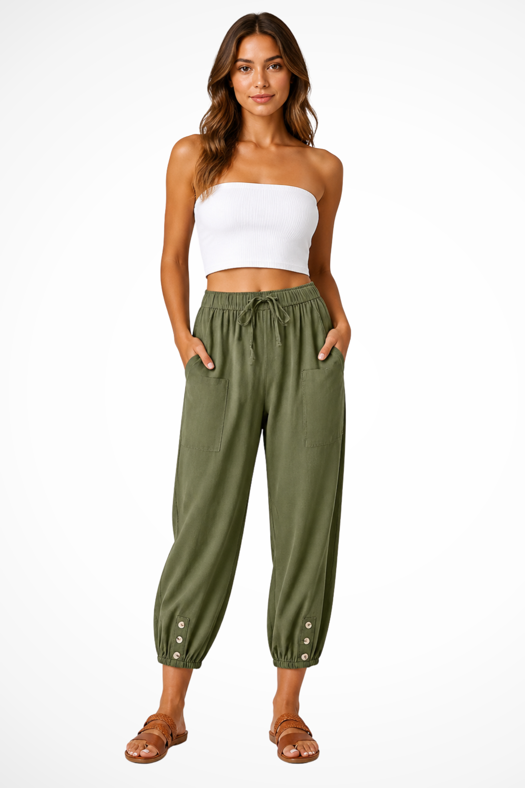 Women's Linen Cropped Pants with Drawstring Waist & Button Hem – Casual Summer Pants