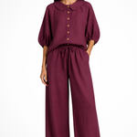 Women's Linen Co-Ord Set – Peter Pan Collar Blouse & Wide Leg Pants