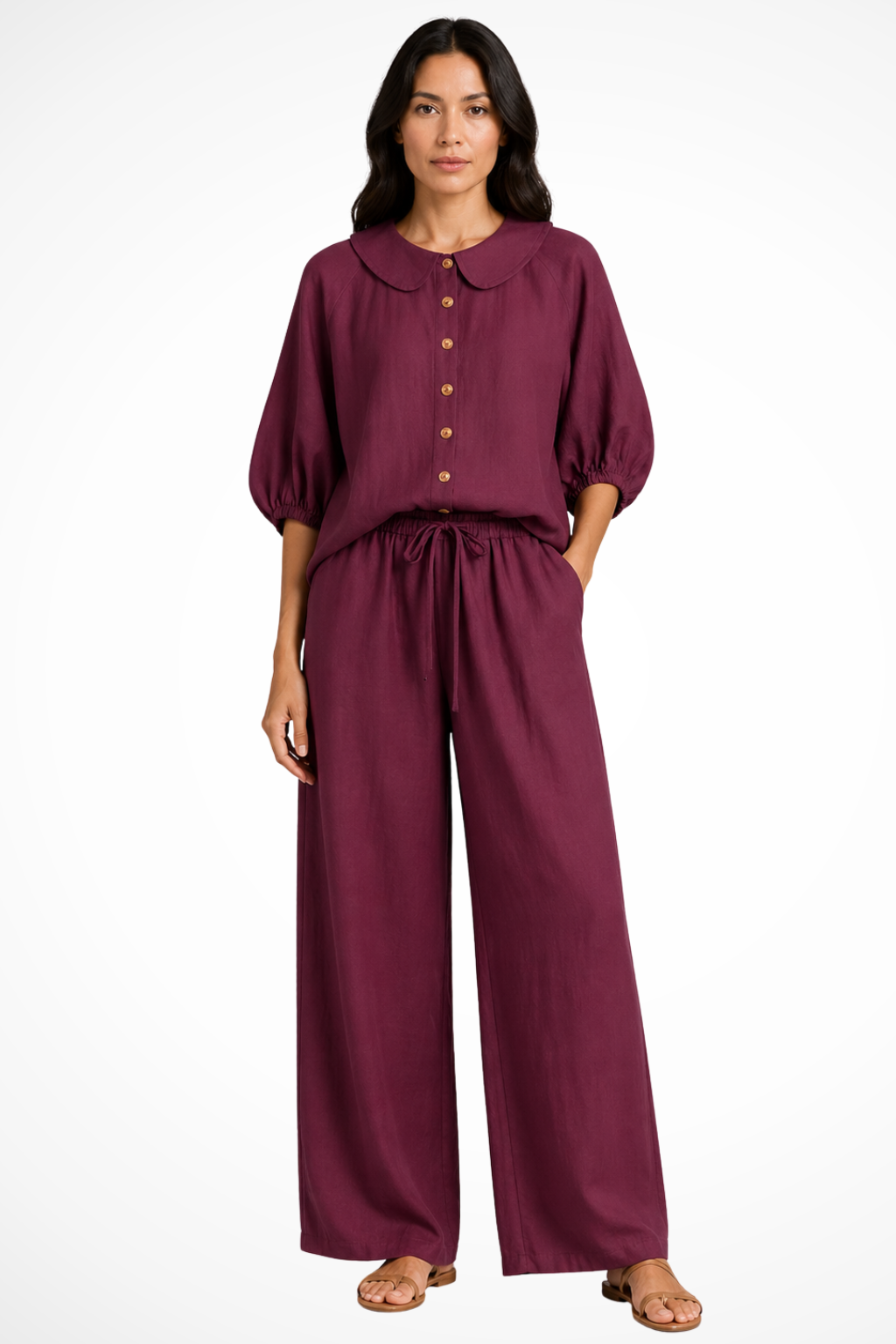 Women's Linen Co-Ord Set – Peter Pan Collar Blouse & Wide Leg Pants