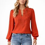 Women's Chiffon Blouse with Lace Appliqué V-Neck & Balloon Sleeves – Smart Casual Top