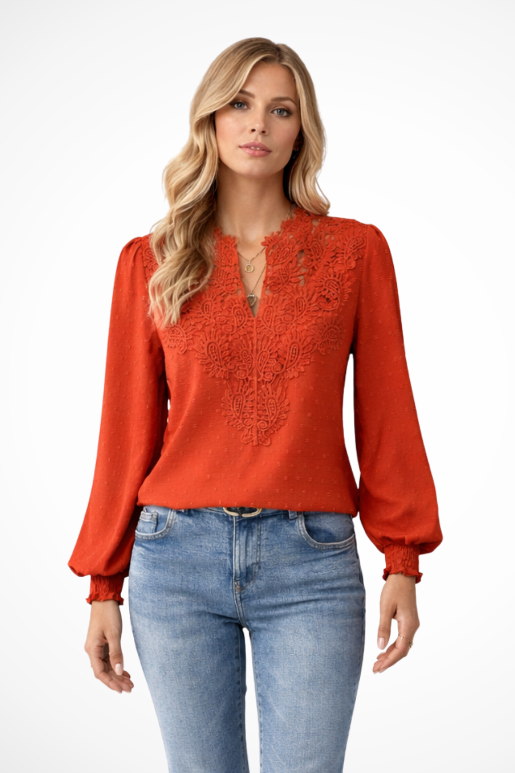 Women's Chiffon Blouse with Lace Appliqué V-Neck & Balloon Sleeves – Smart Casual Top