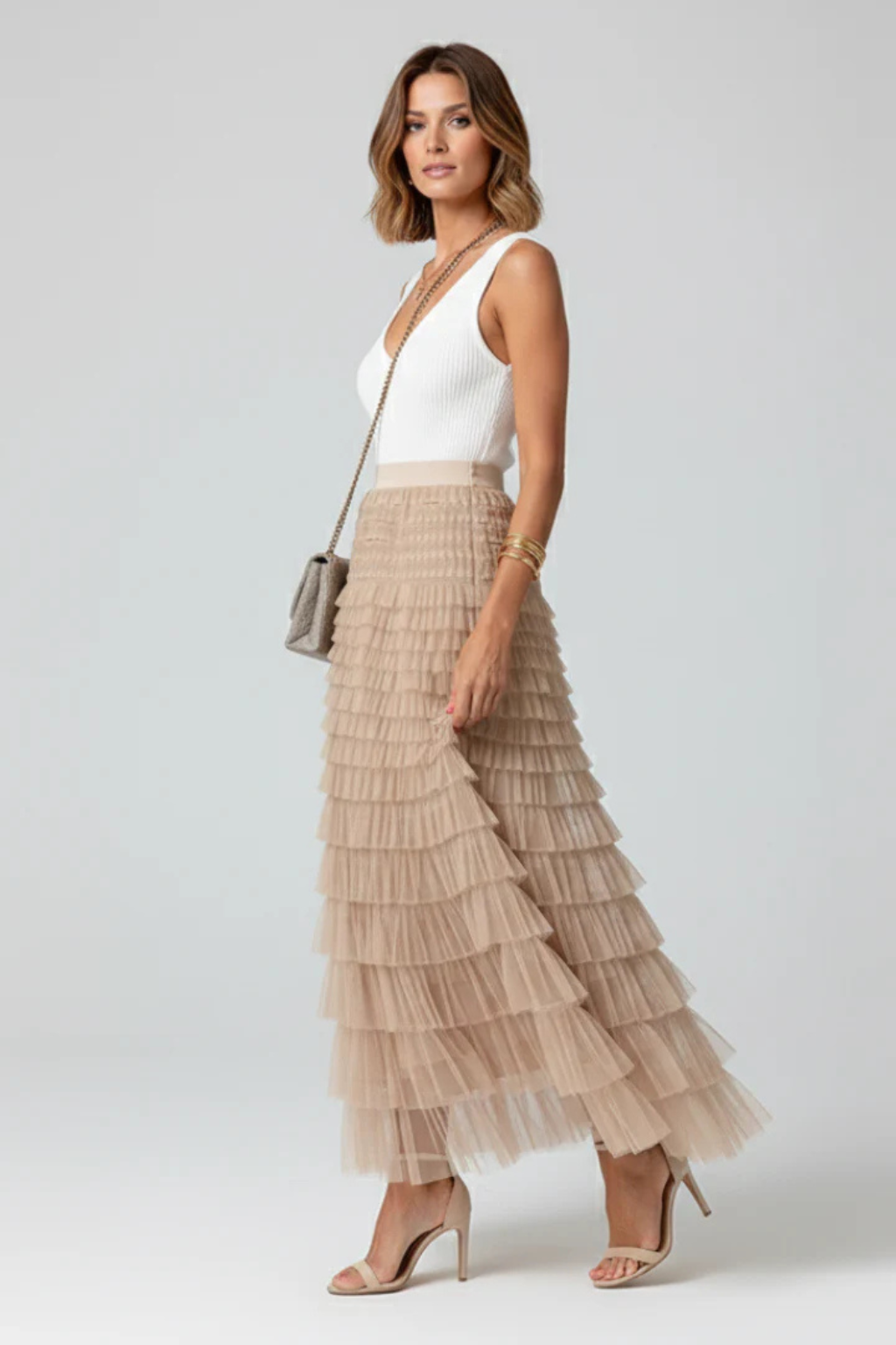 Women's Layered Tulle Tiered Midi Skirt – High Waist Flared Skirt for Events