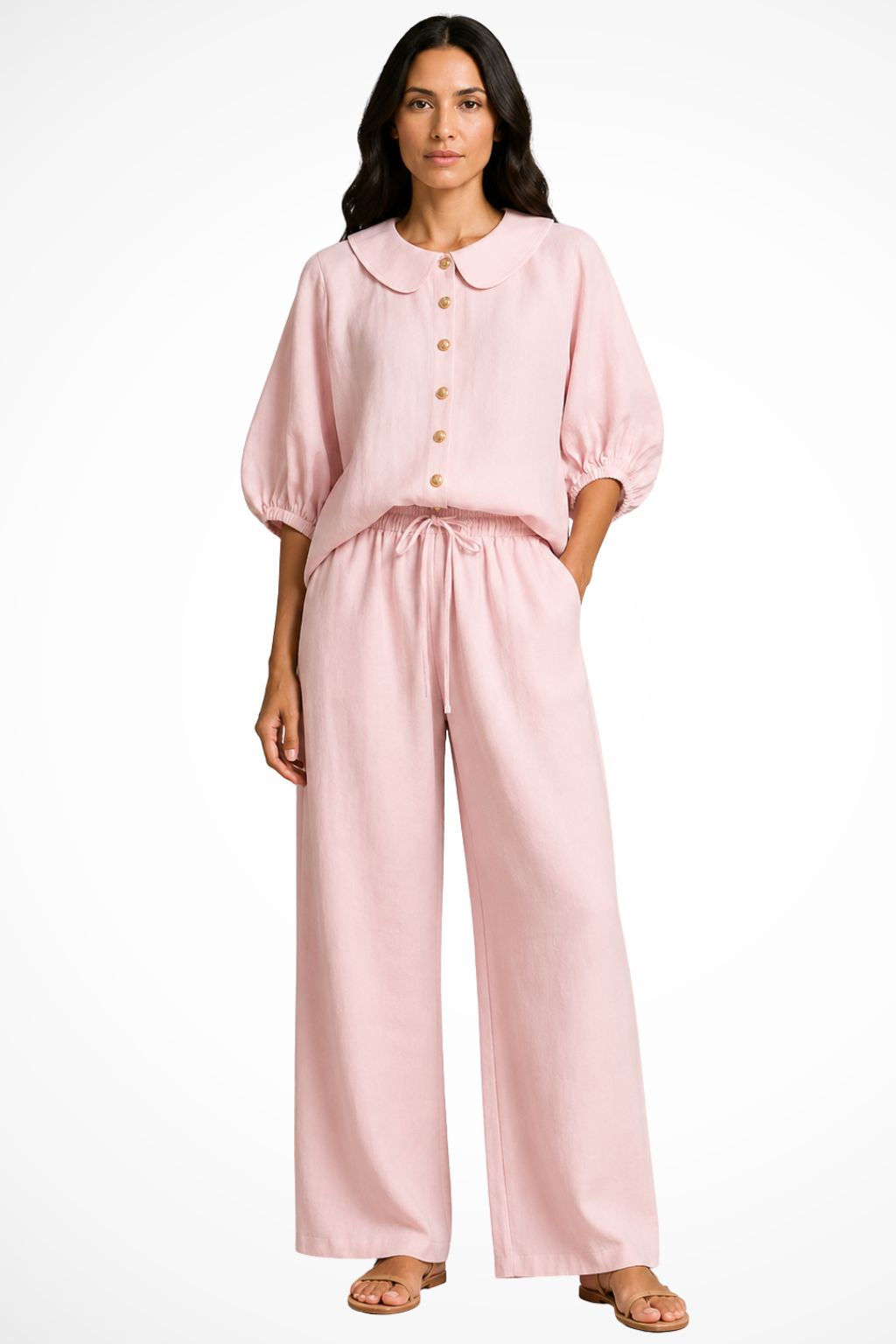 Women's Linen Co-Ord Set – Peter Pan Collar Blouse & Wide Leg Pants