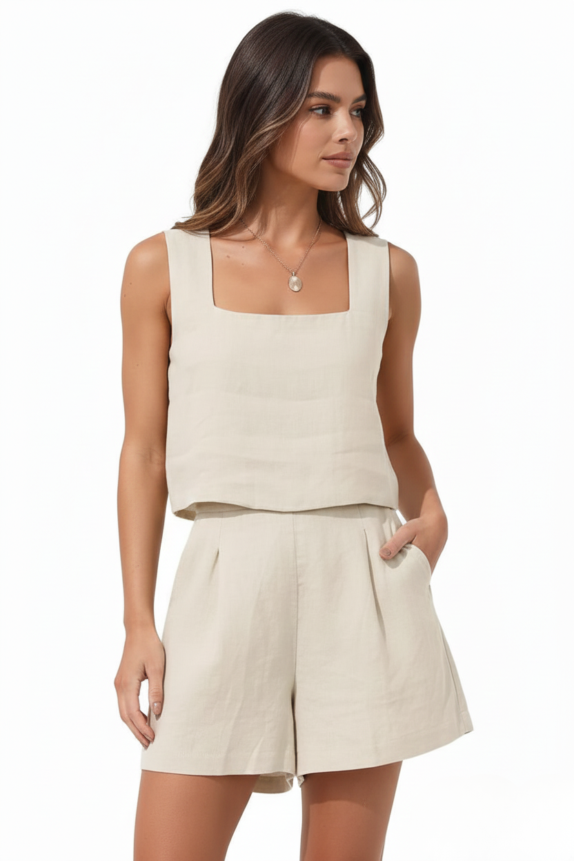 Women's Linen Blend Square Neck Top & Shorts Set – Sleeveless Two-Piece Summer Set