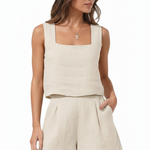 Women's Linen Blend Square Neck Top & Shorts Set – Sleeveless Two-Piece Summer Set