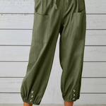 Women's Linen Cropped Pants with Drawstring Waist & Button Hem – Casual Summer Pants
